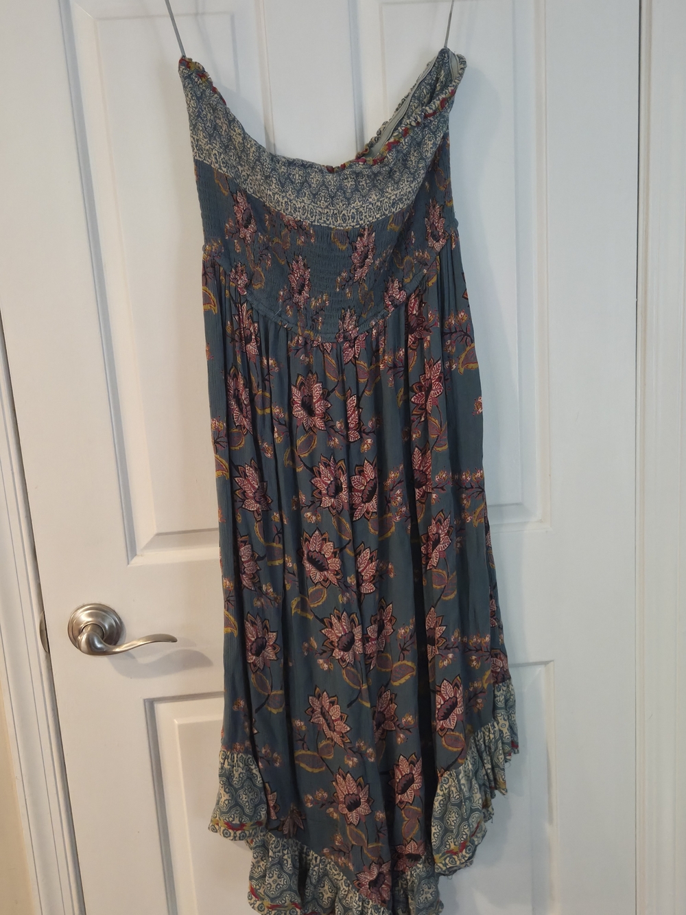 Bohemian Floral Maxi Skirt in Teal with Pink Accents